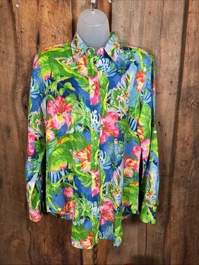 Ralph Lauren Tropical 100% Linen Button-Down Blouse